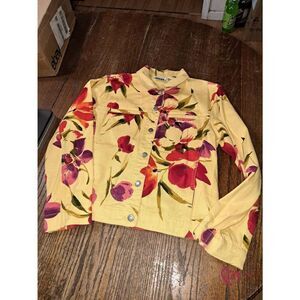 Small Size 4 Chicos 0 Yellow Floral Long Sleeve Cotton Denim Jean Jacket